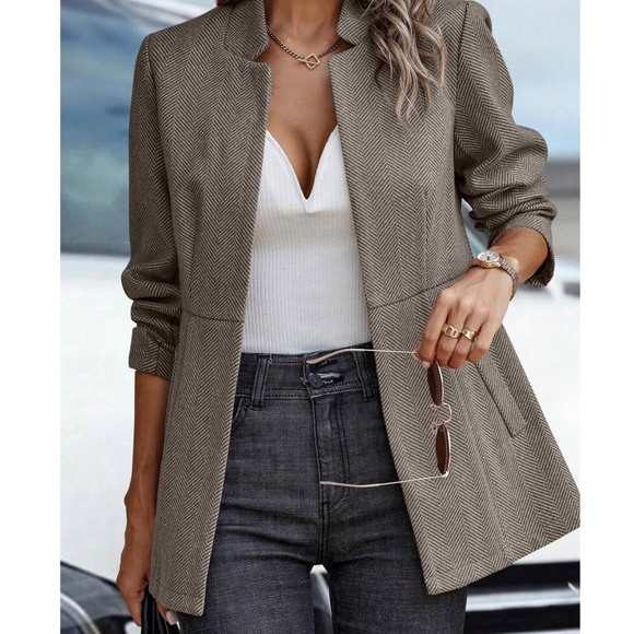 Classic Brown Herringbone Blazer Jacket Coat - Picture 1 of 4